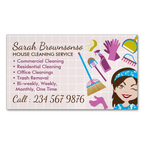 Pink Cute Cleaning Service Janitorial Lady Business Card Magnet