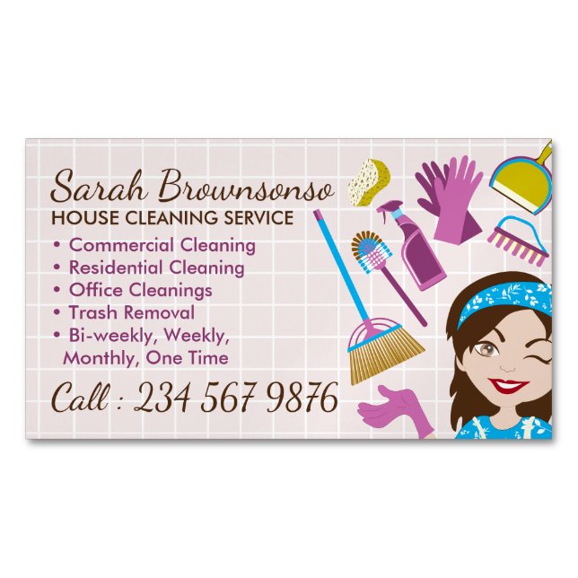 Pink Cute Cleaning Service Janitorial Lady Business Card Magnet (Front)