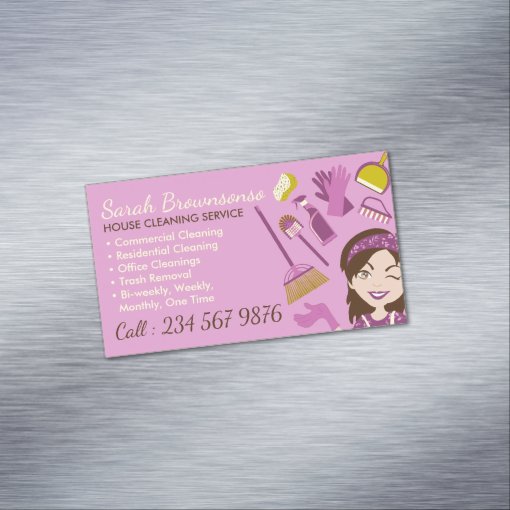 Pink Cute Cleaning Service Janitorial Lady design Business Card Magnet ...