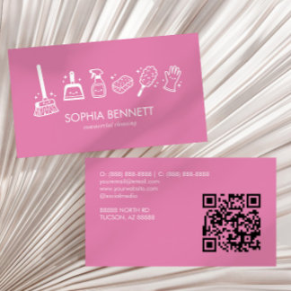Pink Cute Cleaning Tools Custom QR Code Business Card