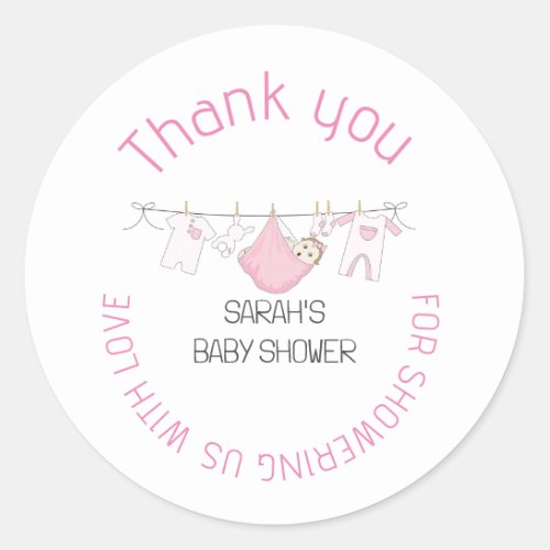 Pink Cute Clothesline Baby Shower Thank You Favor Classic Round Sticker