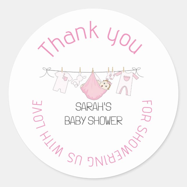 Pink Cute Clothesline Baby Shower Thank You Favor Classic Round Sticker (Front)