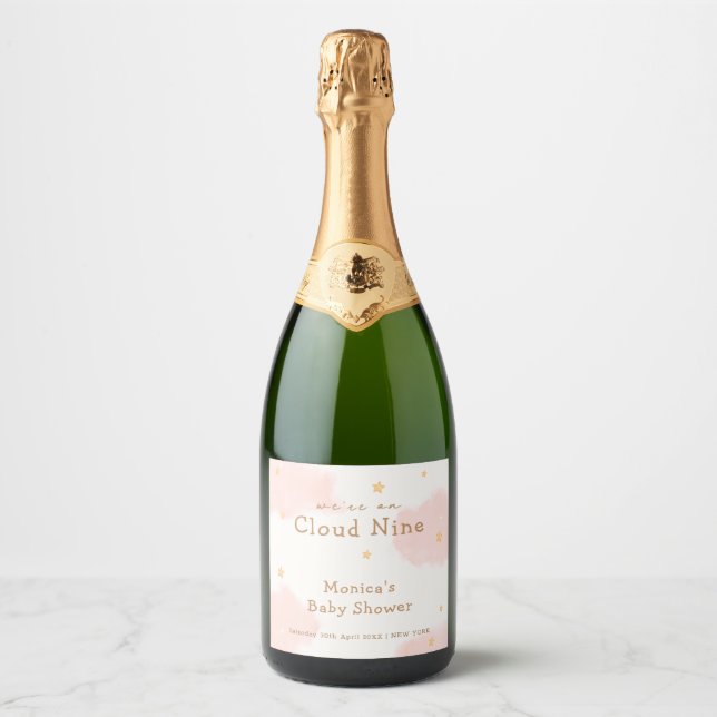 Pink Cute Cloud Nine Girl Baby Shower  Sparkling Wine Label (Front)