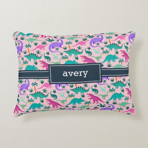 Pink  Cute Colorful Dinosaur Pattern Kids Name Accent Pillow