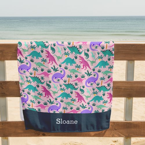 Pink  Cute Colorful Dinosaur Pattern Kids Name Beach Towel