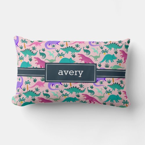 Pink  Cute Colorful Dinosaur Pattern Kids Name Lumbar Pillow