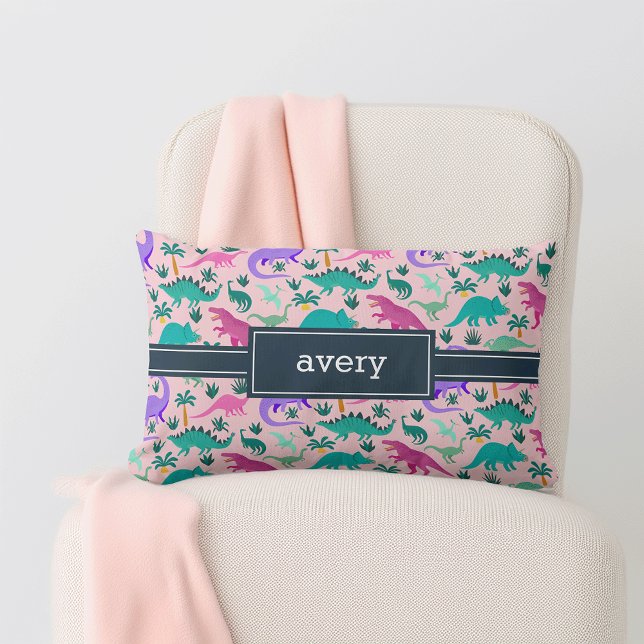 Pink | Cute Colorful Dinosaur Pattern Kids Name Lumbar Pillow (Creator Uploaded)