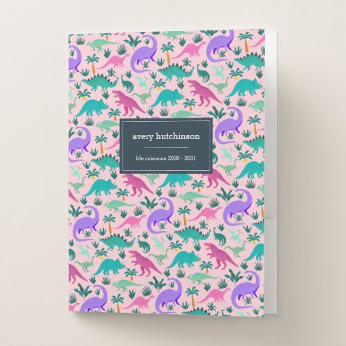 Pink  Cute Colorful Dinosaur Pattern Kids Name Pocket Folder