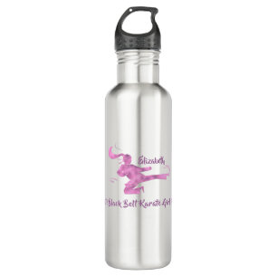 Pink Cute Cool Modern Karate Girl Back to School Stainless Steel Water Bottle