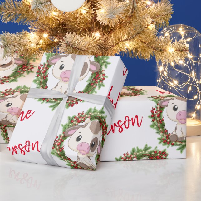 Pink Cute Cow Christmas wreath personalized name  Wrapping Paper (Holidays)
