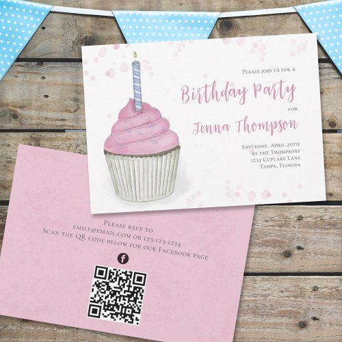 Pink Cute Cupcake QR Code Social Media Simple Invitation