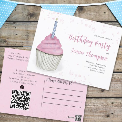 Pink Cute Cupcake QR Code Social Media Whimsical Postcard