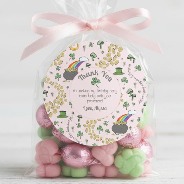 Pink, Cute & Curvy St. Patrick's Day Thank You  Classic Round Sticker (St Patrick's Day Thank You Sticker for Her. Four Leaf Clover Rainbow Green Shamrock Pattern for Kids)