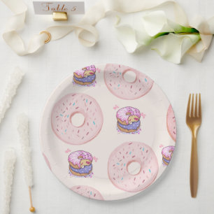 Pink Cute desert sweet donuts illustration pattern Paper Plates