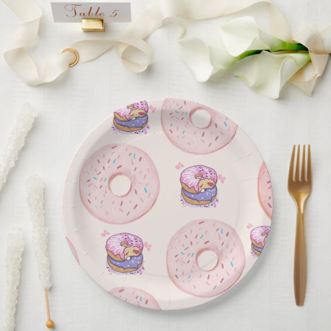 Pink Cute desert sweet donuts illustration pattern Paper Plates (Wedding)