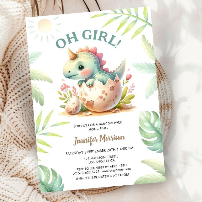 Pink Cute Dino Girl Dinosaur Baby Shower Invitation (Creator Uploaded)