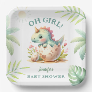 Pink Cute Dino Girl Dinosaur Baby Shower Paper Plates