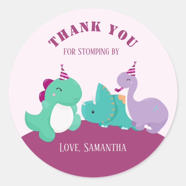 Pink Cute Dinosaurs Birthday Thank You Favor Classic Round Sticker (Front)