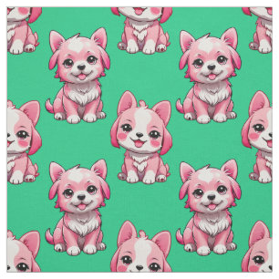 Pink Cute Dogs - Green  Fabric