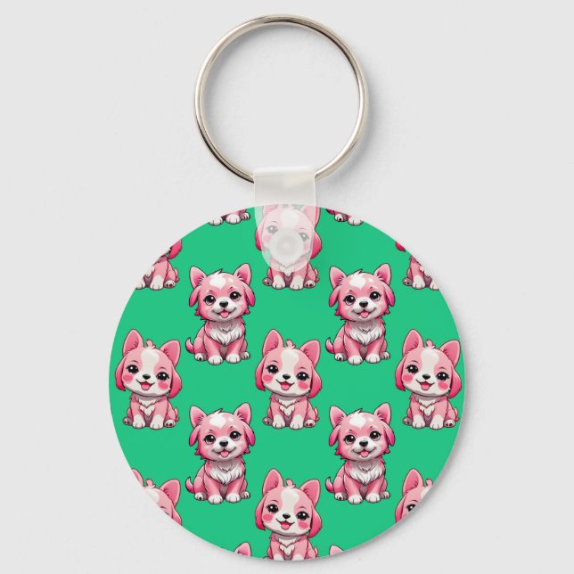 Pink Cute Dogs - Green  Keychain (Front)