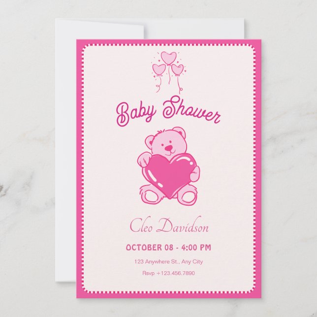 Pink cute doll heart baby shower invitation (Front)