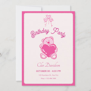 Pink cute doll heart birthday invitation