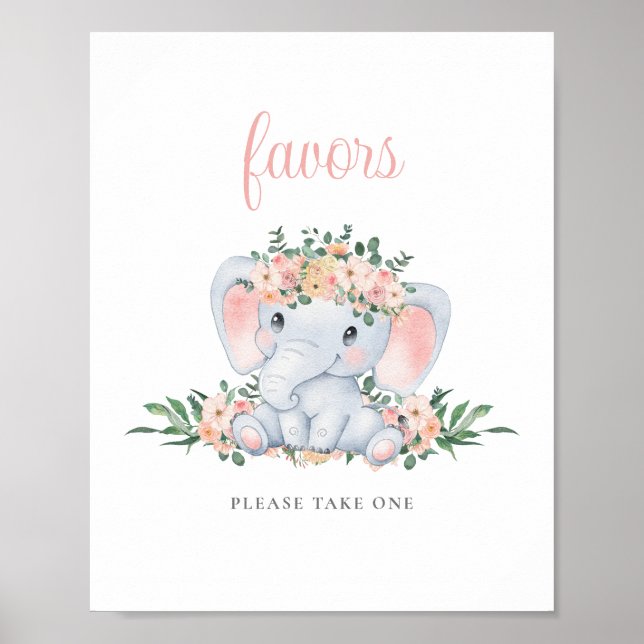 Pink Cute Elephant Girl Baby Shower Favors Sign (Front)