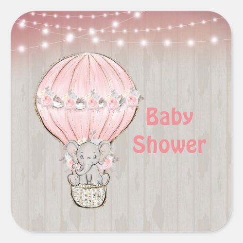 Pink Cute Elephant Hot Air Balloon Baby Shower  Sq Square Sticker