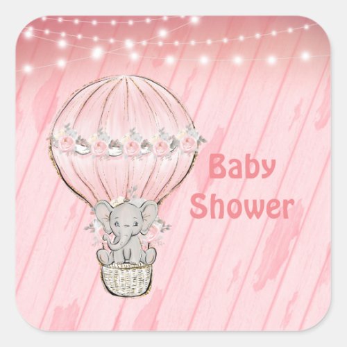 Pink Cute Elephant Hot Air Balloon Baby Shower  Square Sticker