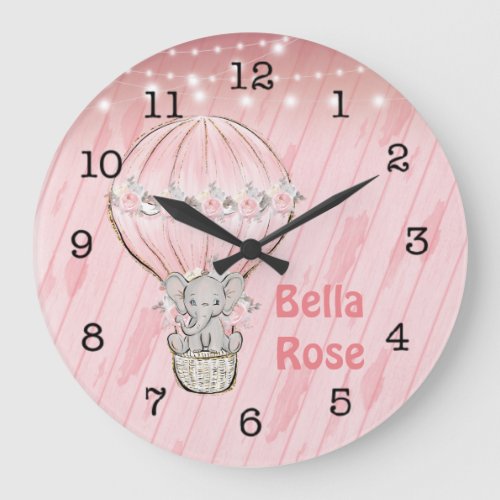 Pink Cute Elephant Hot Air Balloon Personalized Large Clock