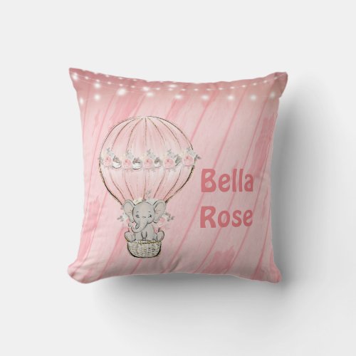 Pink Cute Elephant Hot Air Balloon Personalized  Throw Pillow