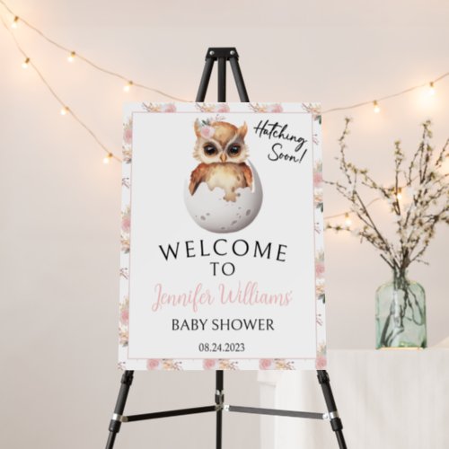 Pink cute floral owl baby girl shower welcome sign