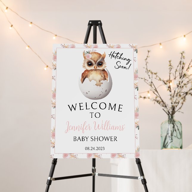 Pink cute floral owl baby girl shower welcome sign (In Situ (Stand))