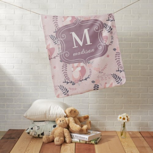 Pink Cute Foxes Modern Adorable Girly Monogram  Baby Blanket