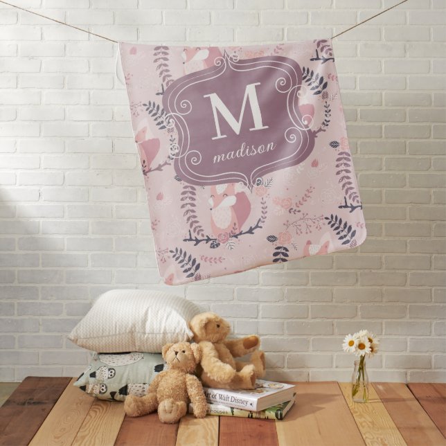 Pink Cute Foxes Modern Adorable Girly Monogram  Baby Blanket (In Situ)