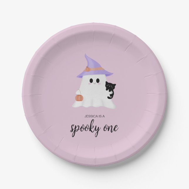 Pink Cute Ghost Halloween 1st Birthday Girl Paper Plates (Front)