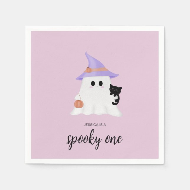 Pink Cute Ghost Halloween 1st Birthday Party Napkins (Front)