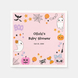 Pink Cute Ghost Little Boo Halloween Baby Shower Napkins
