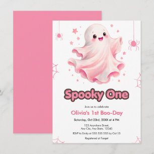 Pink Cute Ghost Spooky One Halloween 1st Birthday Invitation