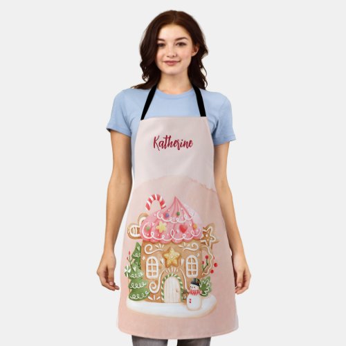 Pink Cute Gingerbread House Xmas Holiday  Apron