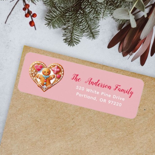 Pink Cute Gingerbread Man Heart Return Address Label (Creator Uploaded)