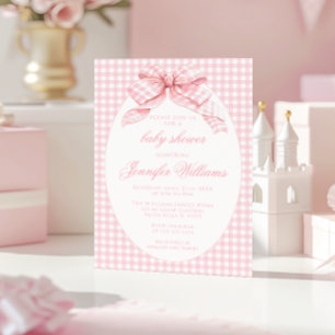 Pink Cute Gingham Coquette Bow Baby Girl Shower Invitation