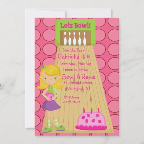 Pink, Cute, Girl Bowling Party Invitation