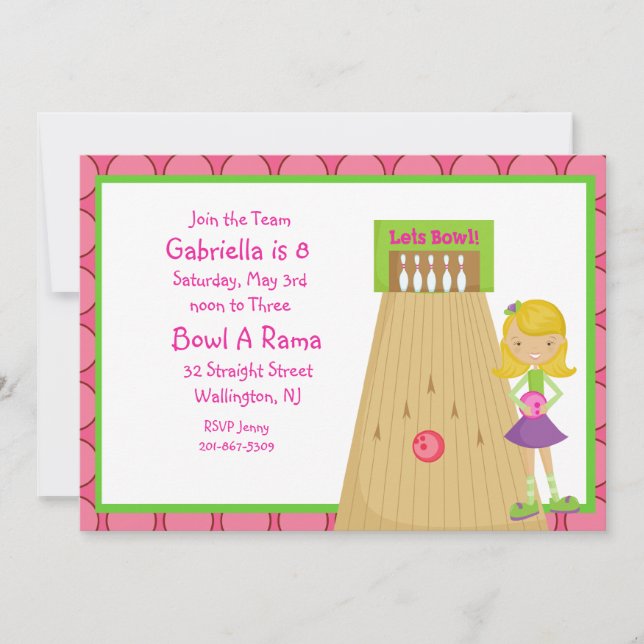 Pink, Cute, Girl Bowling Party Invitation (Front)