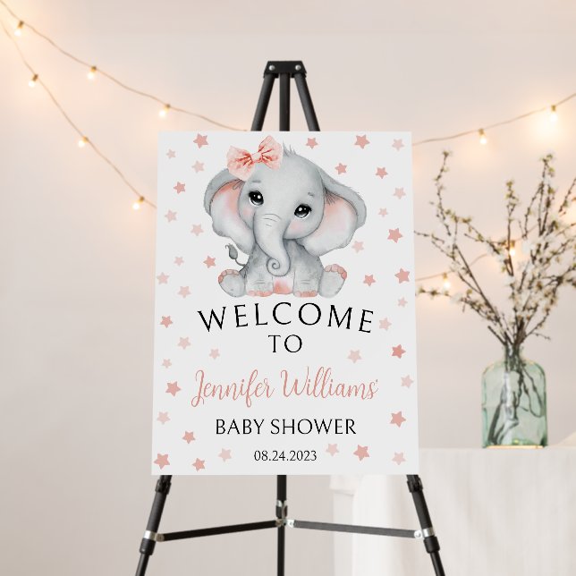 Pink cute girl elephant baby shower welcome sign (In Situ (Stand))