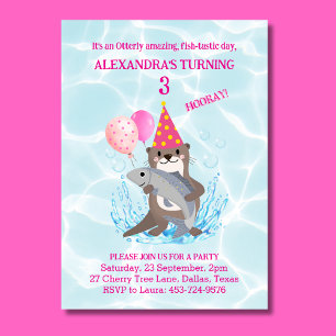 Pink Cute Girl Sea Otter Birthday Invitation