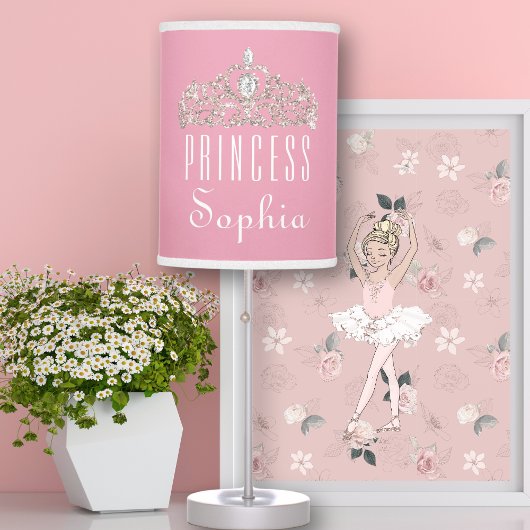 Pink Cute Girly Sparkly Princess Tiara Nursery Table Lamp