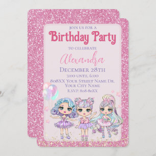 Pink Cute Glitter Dolls Girl's Birthday Party Invitation