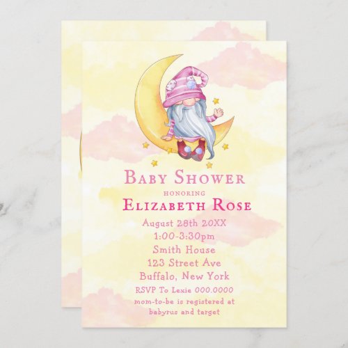 Pink Cute Gnome Moon Cloud Baby Shower Invitations