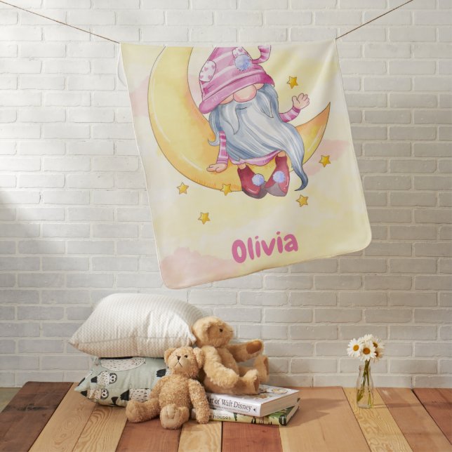 Pink Cute Gnome Moon Clouds Girl Monogram  Baby Blanket (In Situ)